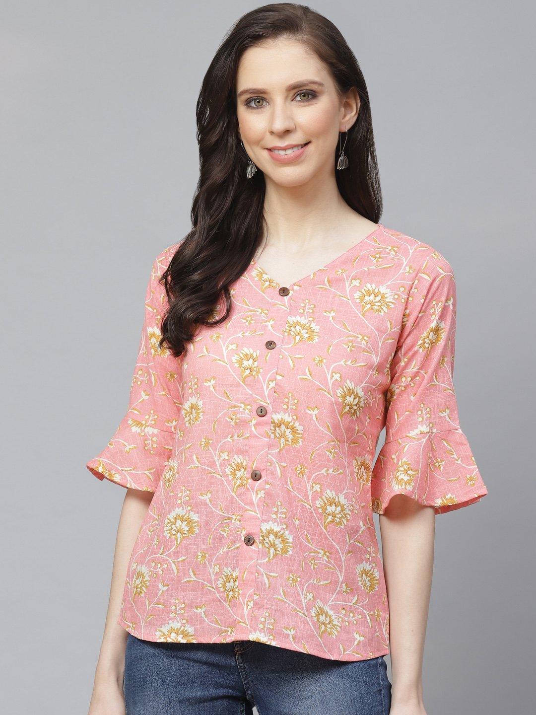 Women Pink & Mustard Regular Floral Printed V-Neck Top | NOZ2TOZ - Made In INDIA.