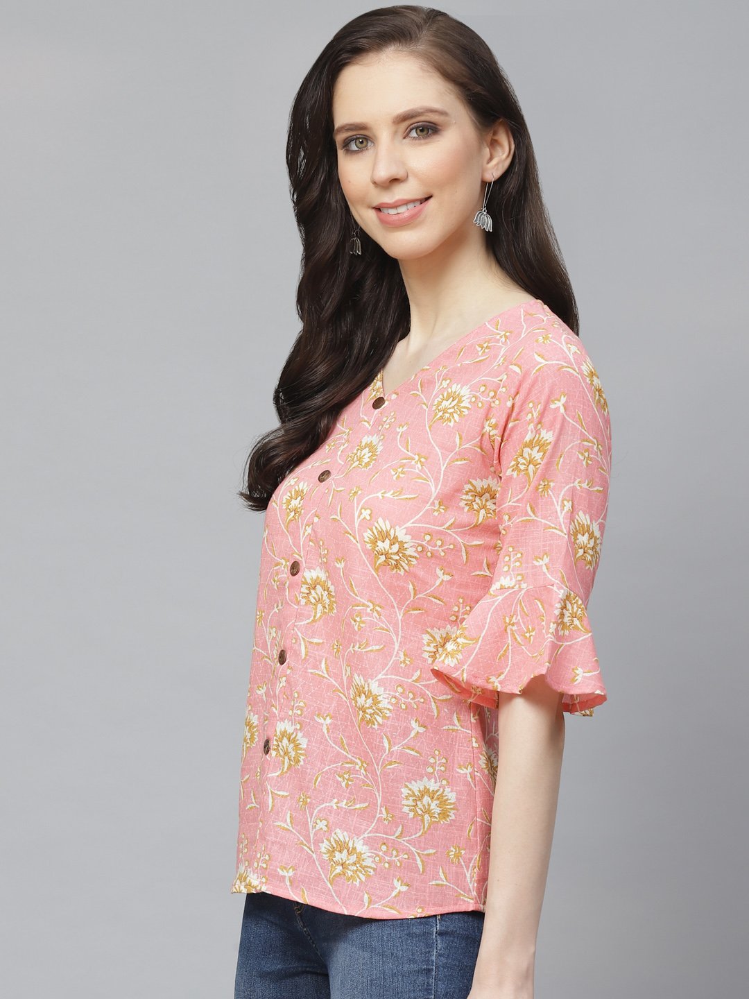 Women Pink & Mustard Regular Floral Printed V-Neck Top | NOZ2TOZ - Made In INDIA.