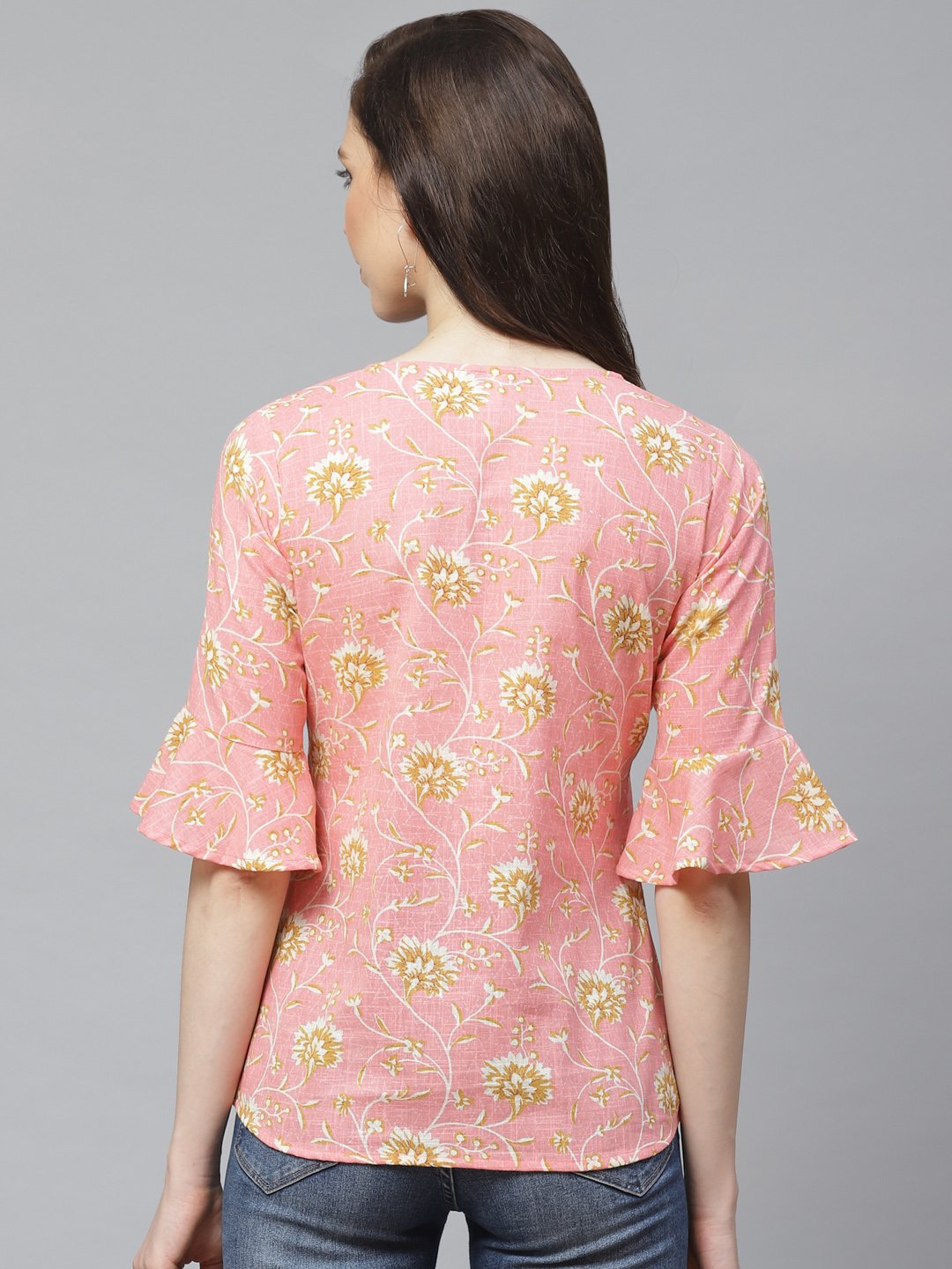 Women Pink & Mustard Regular Floral Printed V-Neck Top | NOZ2TOZ - Made In INDIA.