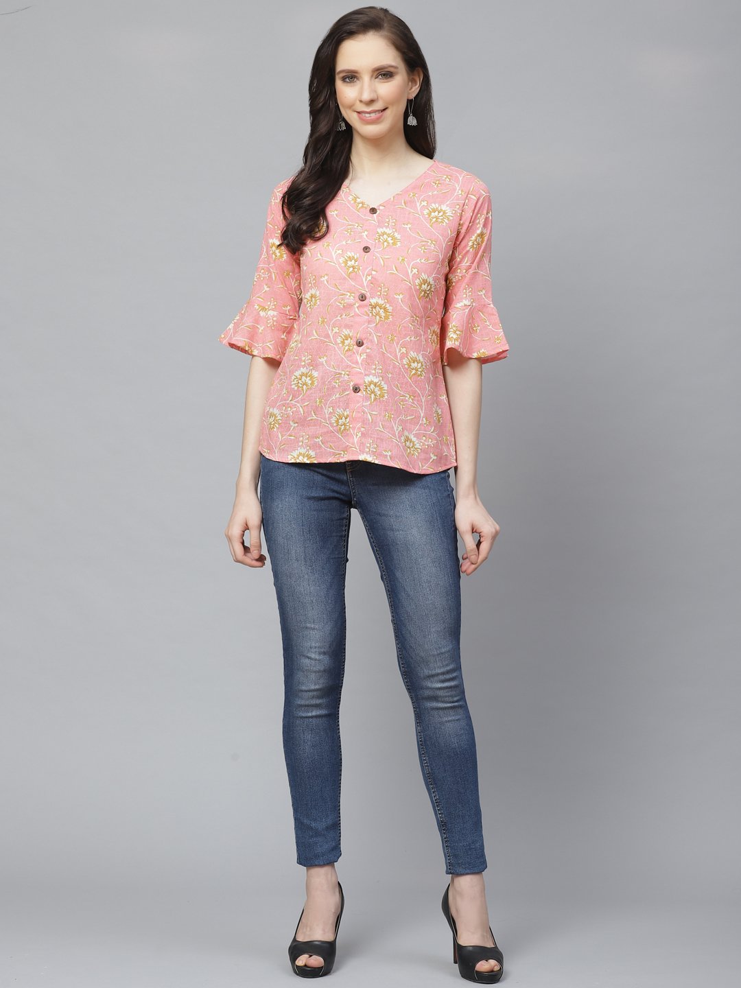 Women Pink & Mustard Regular Floral Printed V-Neck Top | NOZ2TOZ - Made In INDIA.