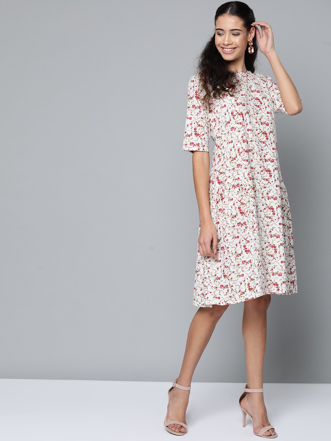 Women White & Magenta Floral Printed A-Line Dress | NOZ2TOZ - Made In INDIA.