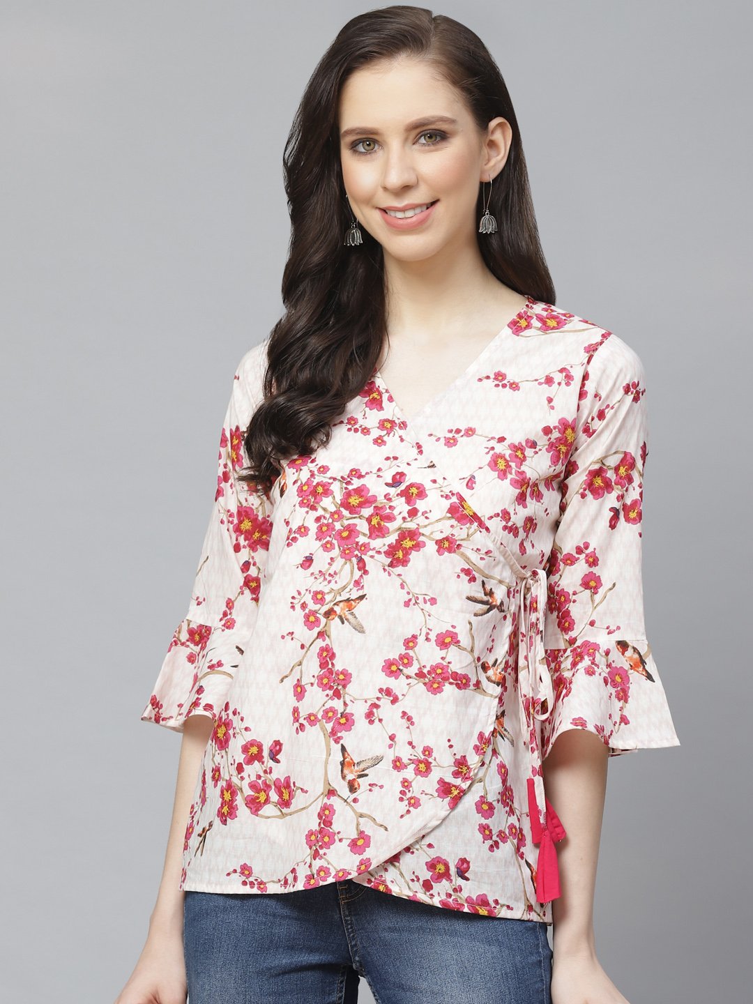 Women Off White & Pink Wrap Floral Printed V-Neck Top | NOZ2TOZ - Made In INDIA.