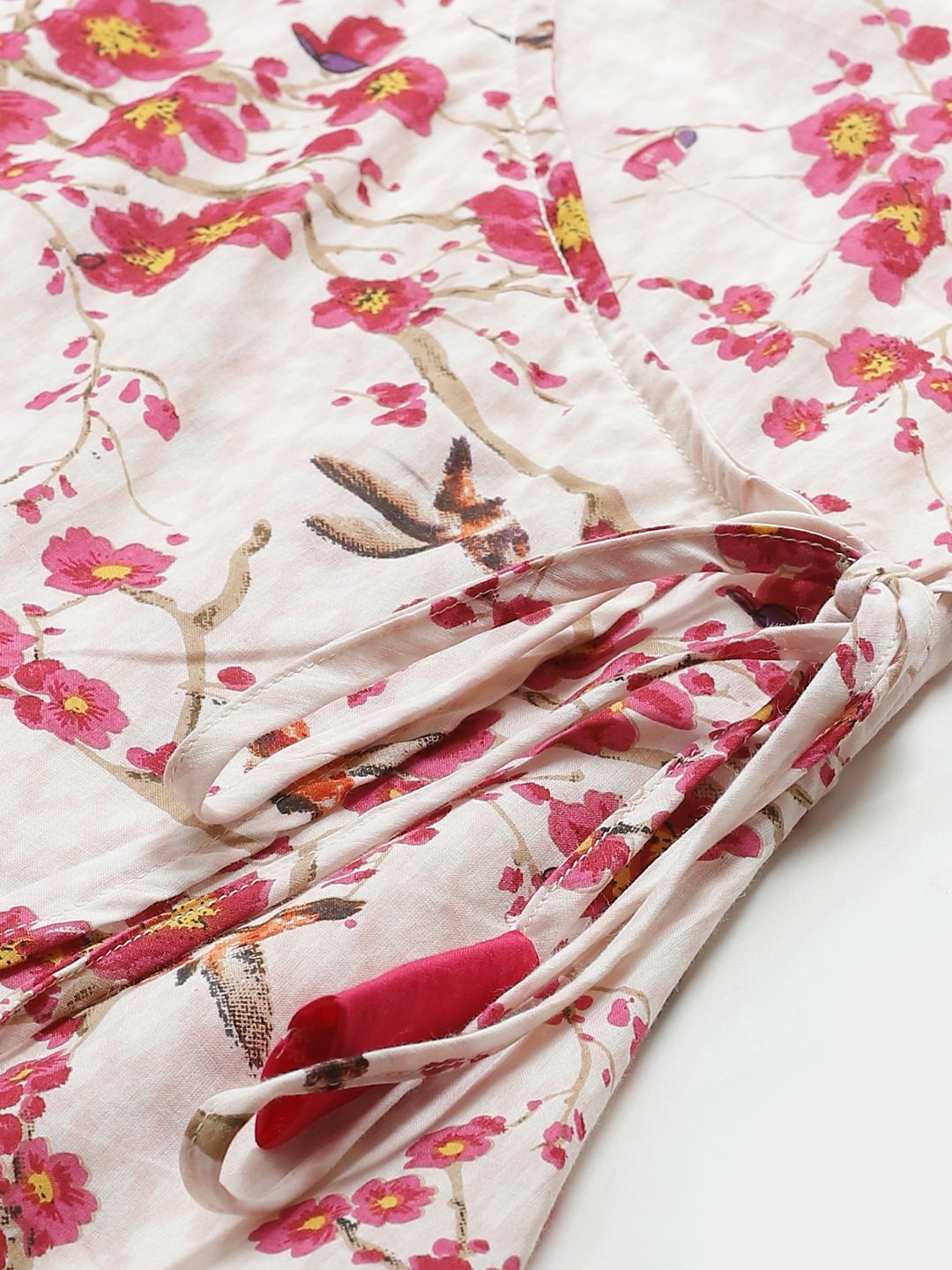 Women Off White & Pink Wrap Floral Printed V-Neck Top | NOZ2TOZ - Made In INDIA.