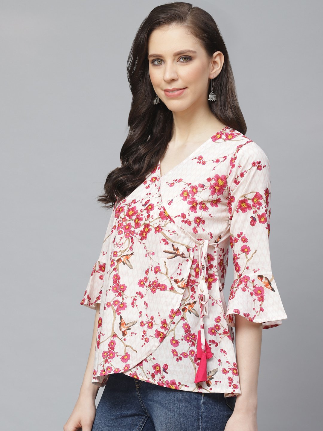 Women Off White & Pink Wrap Floral Printed V-Neck Top | NOZ2TOZ - Made In INDIA.