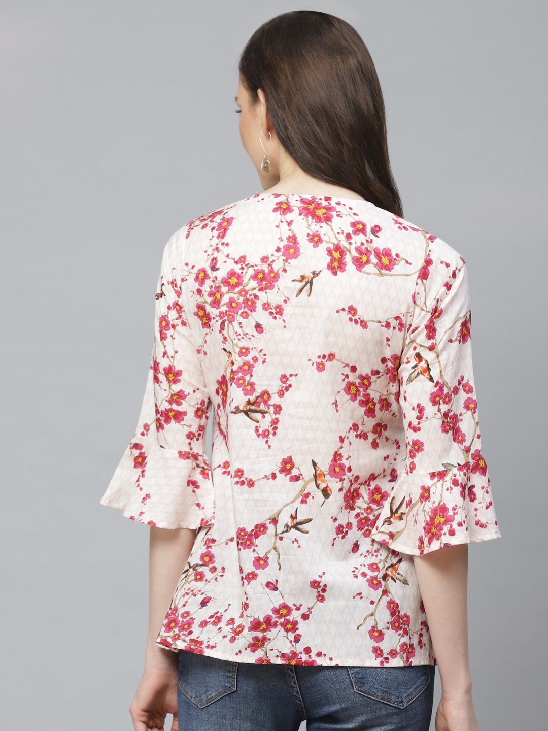 Women Off White & Pink Wrap Floral Printed V-Neck Top | NOZ2TOZ - Made In INDIA.