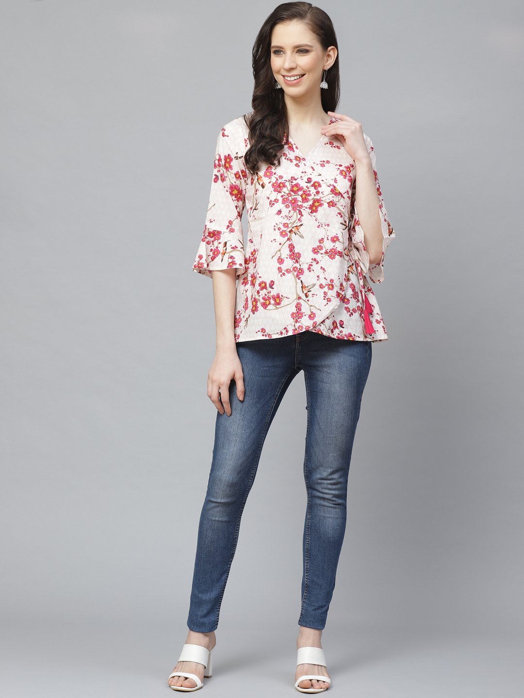 Women Off White & Pink Wrap Floral Printed V-Neck Top | NOZ2TOZ - Made In INDIA.