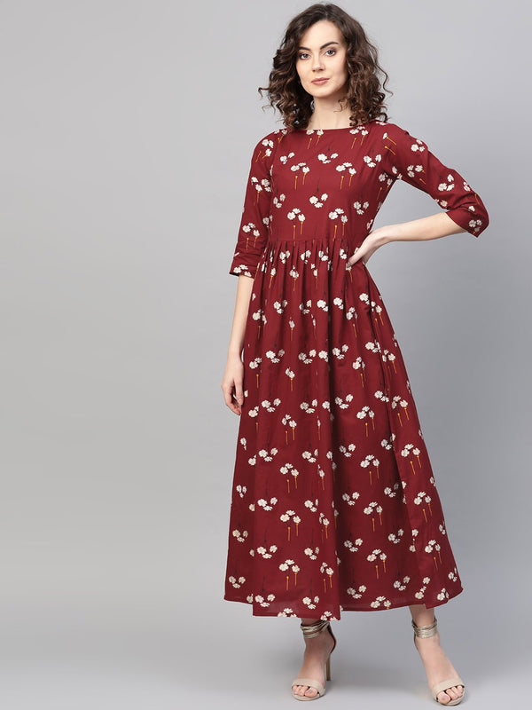 Women Maroon & White Floral Printed Maxi Dress | NOZ2TOZ - Made In INDIA.