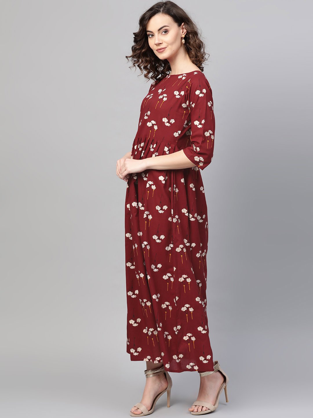 Women Maroon & White Floral Printed Maxi Dress | NOZ2TOZ - Made In INDIA.