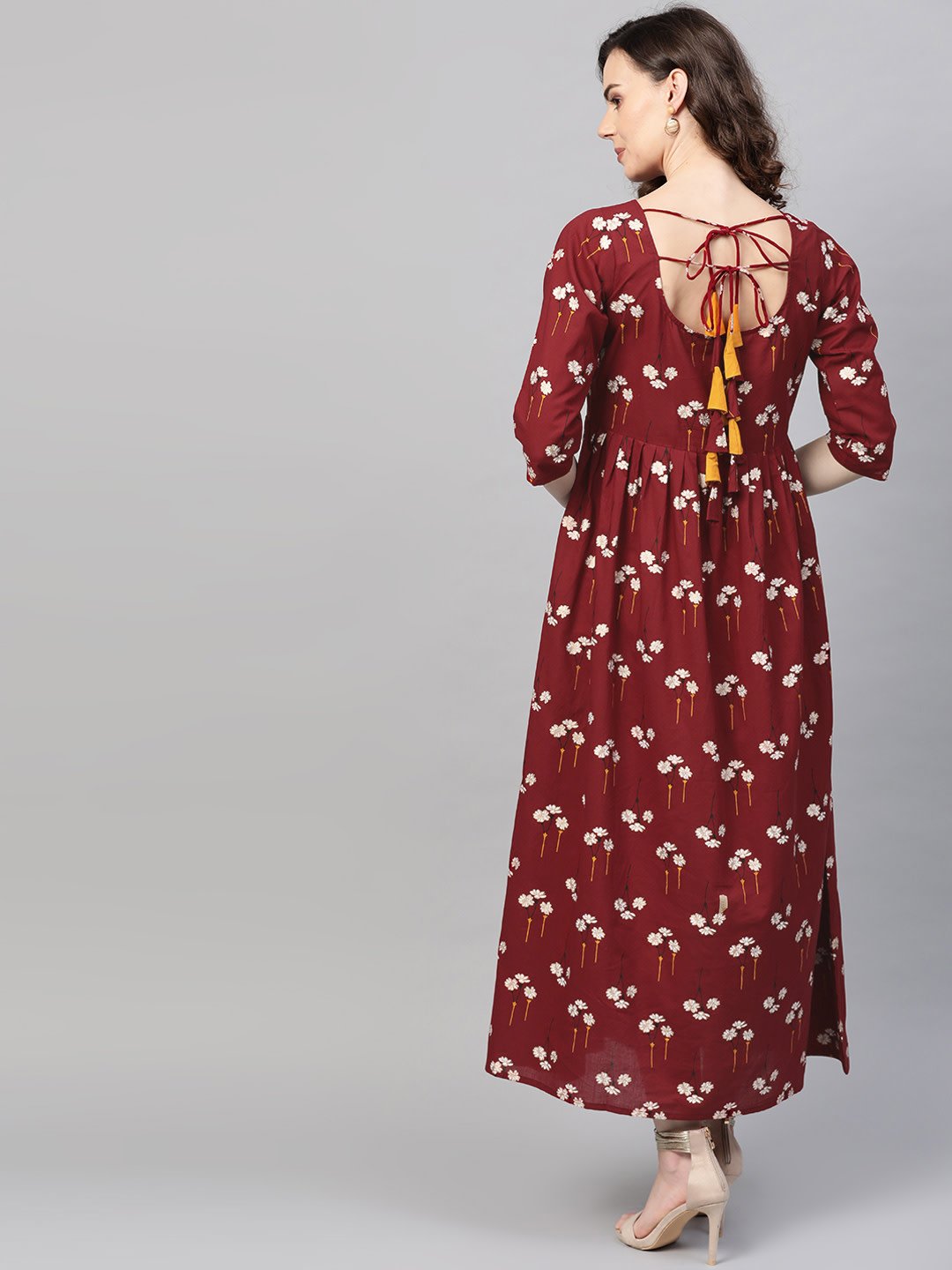 Women Maroon & White Floral Printed Maxi Dress | NOZ2TOZ - Made In INDIA.