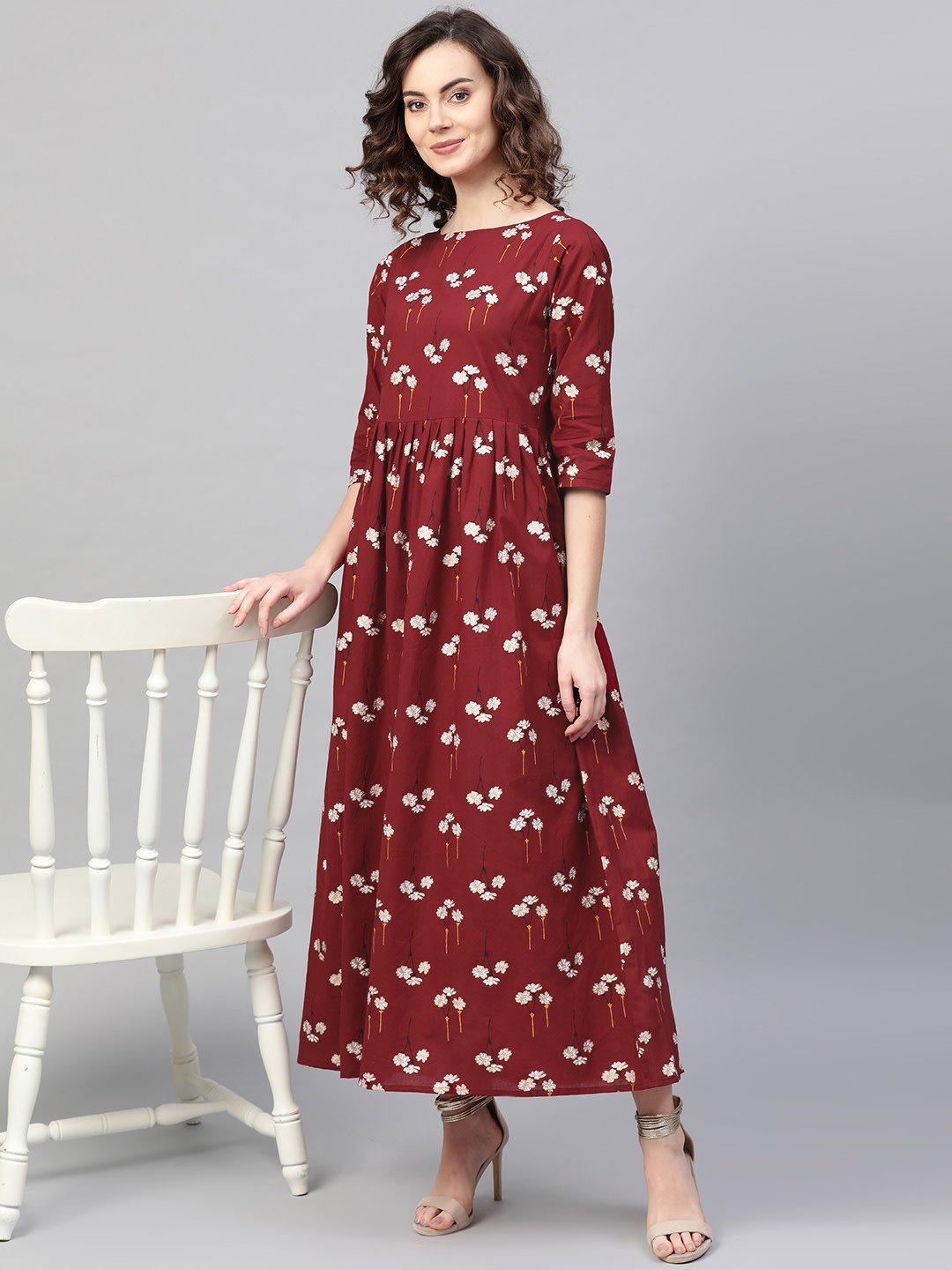 Women Maroon & White Floral Printed Maxi Dress | NOZ2TOZ - Made In INDIA.