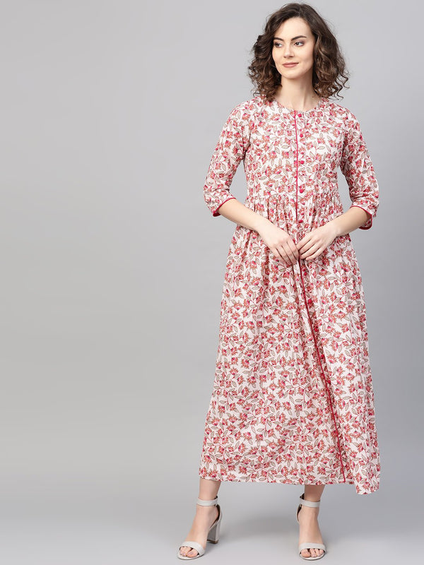 Women White & Pink Floral Printed Maxi Dress | NOZ2TOZ - Made In INDIA.