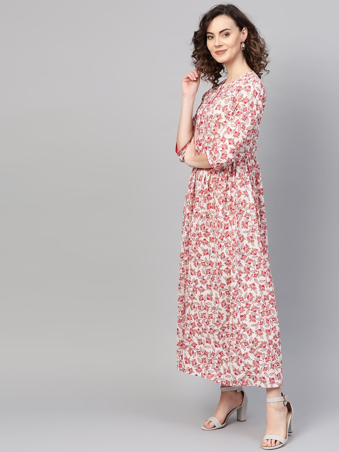 Women White & Pink Floral Printed Maxi Dress | NOZ2TOZ - Made In INDIA.