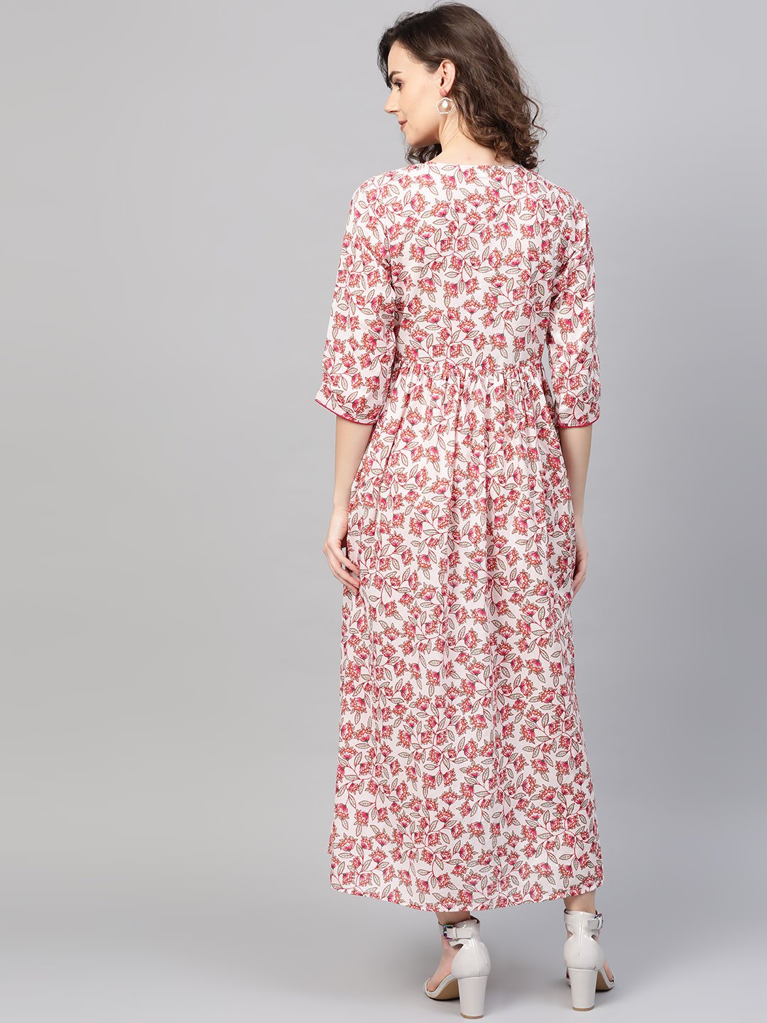 Women White & Pink Floral Printed Maxi Dress | NOZ2TOZ - Made In INDIA.