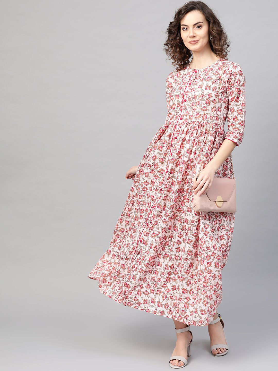 Women White & Pink Floral Printed Maxi Dress | NOZ2TOZ - Made In INDIA.