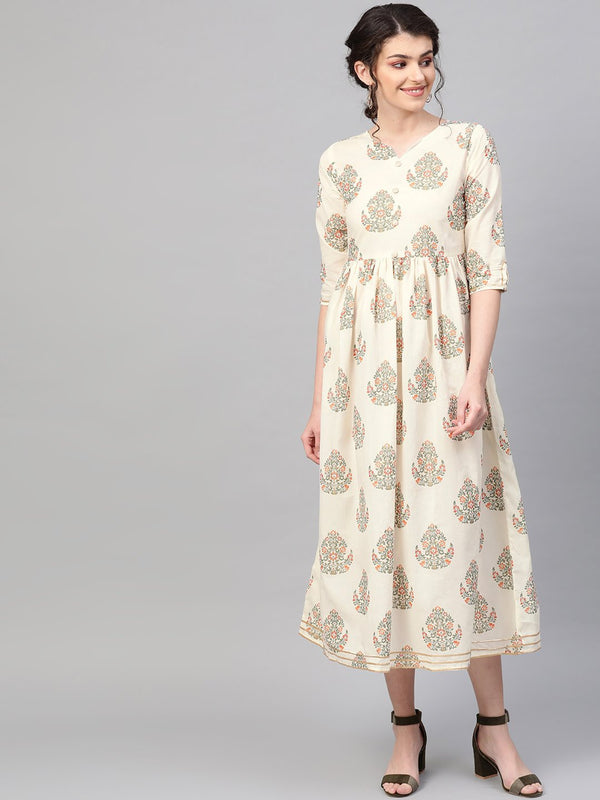 Women Off White & Gold Ethnic Motifs Printed Maxi Dress | NOZ2TOZ - Made In INDIA.