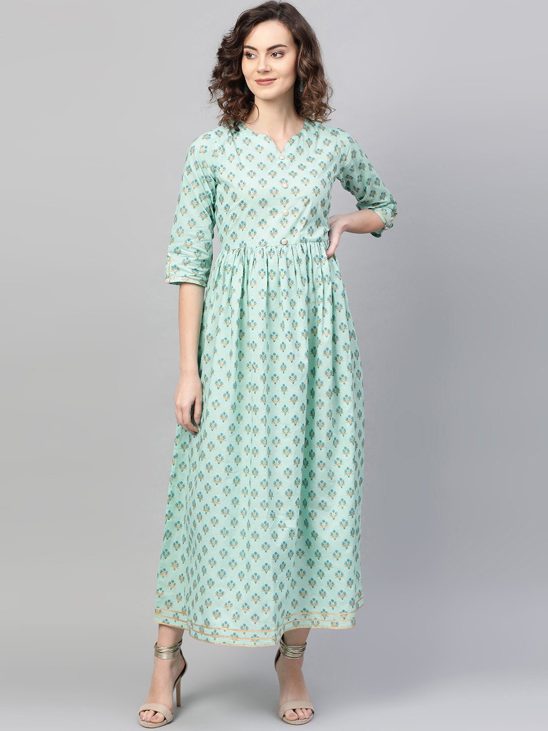 Women Green & Blue Floral Printed Maxi Dress | NOZ2TOZ - Made In INDIA.