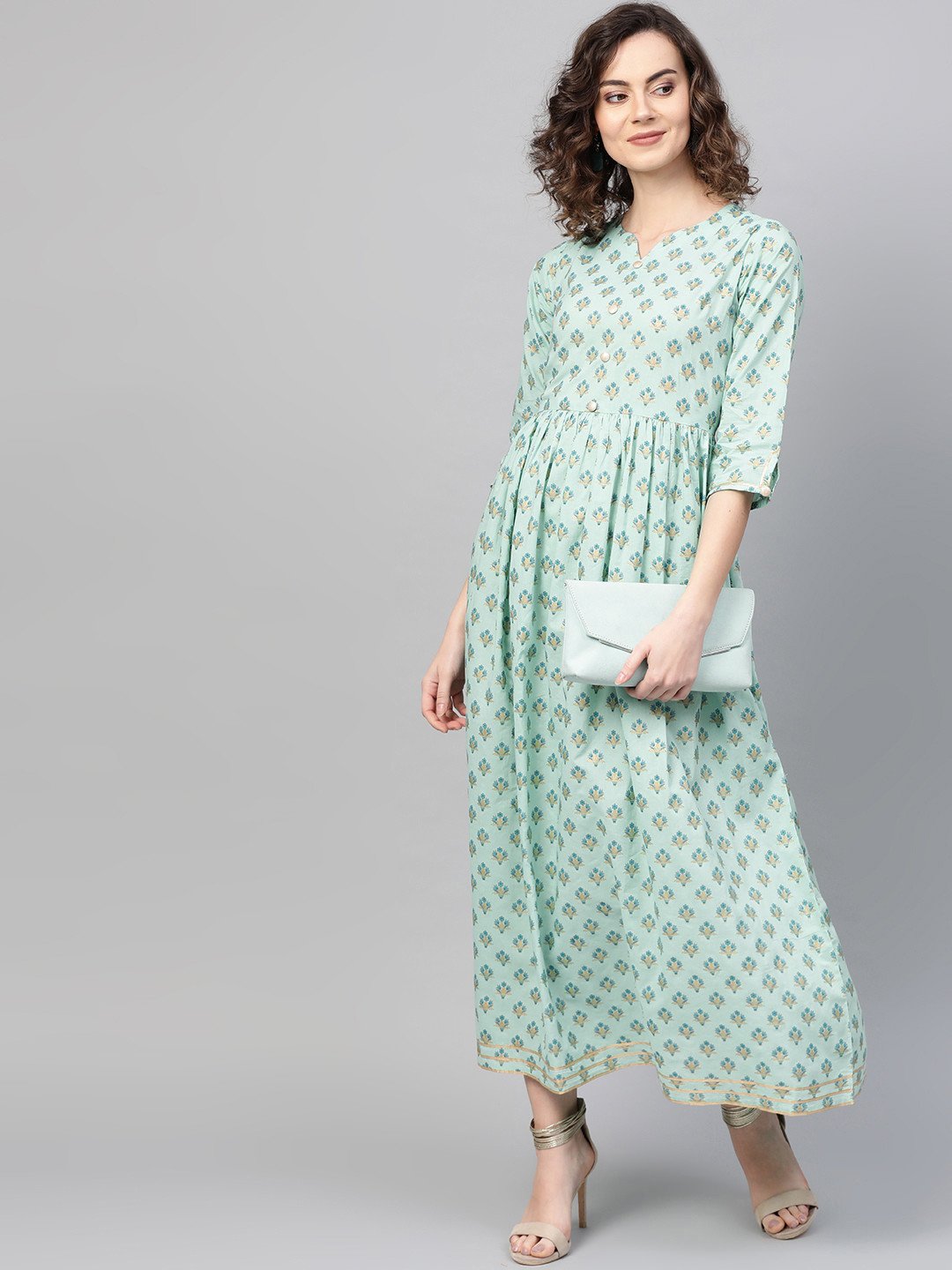 Women Green & Blue Floral Printed Maxi Dress | NOZ2TOZ - Made In INDIA.