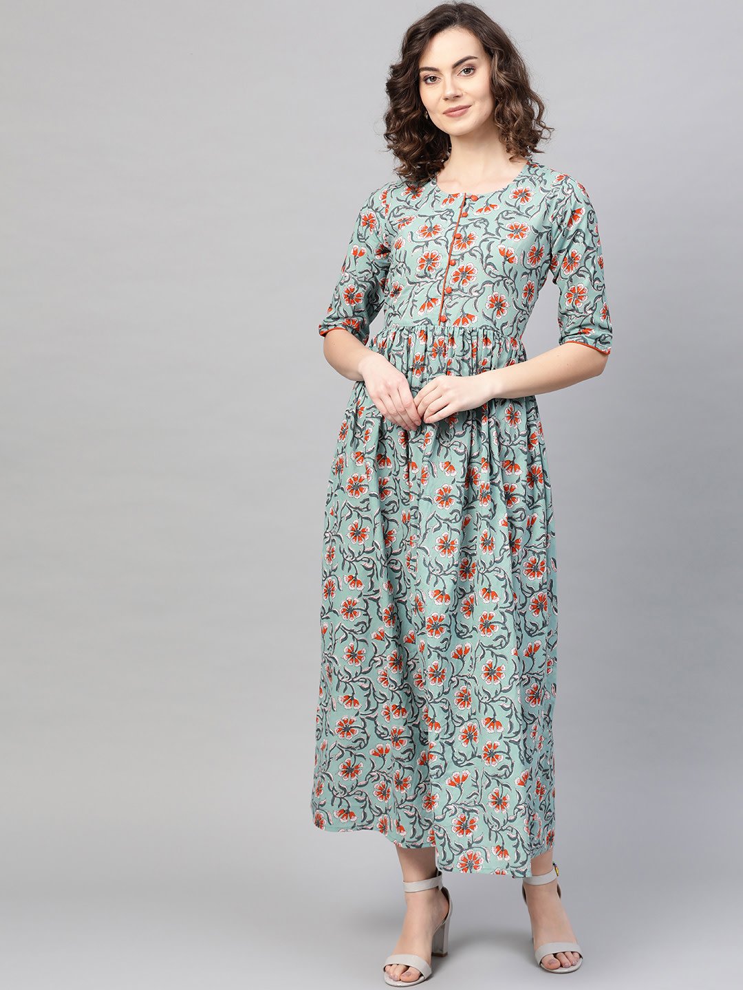 Women Green & Orange Floral Printed Maxi Dress | NOZ2TOZ - Made In INDIA.