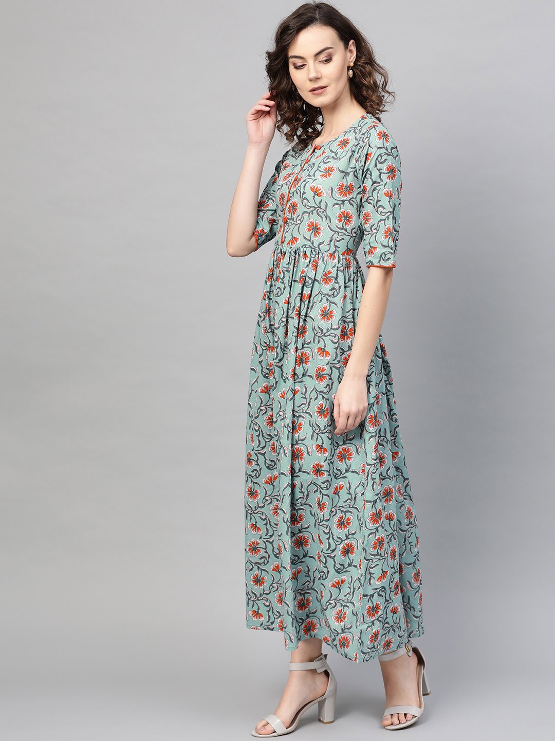 Women Green & Orange Floral Printed Maxi Dress | NOZ2TOZ - Made In INDIA.