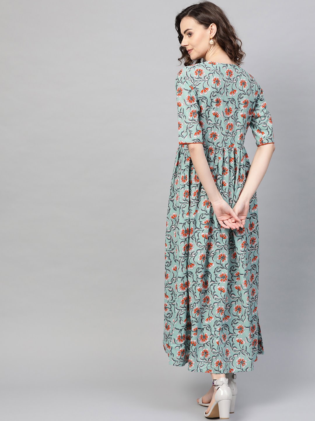 Women Green & Orange Floral Printed Maxi Dress | NOZ2TOZ - Made In INDIA.