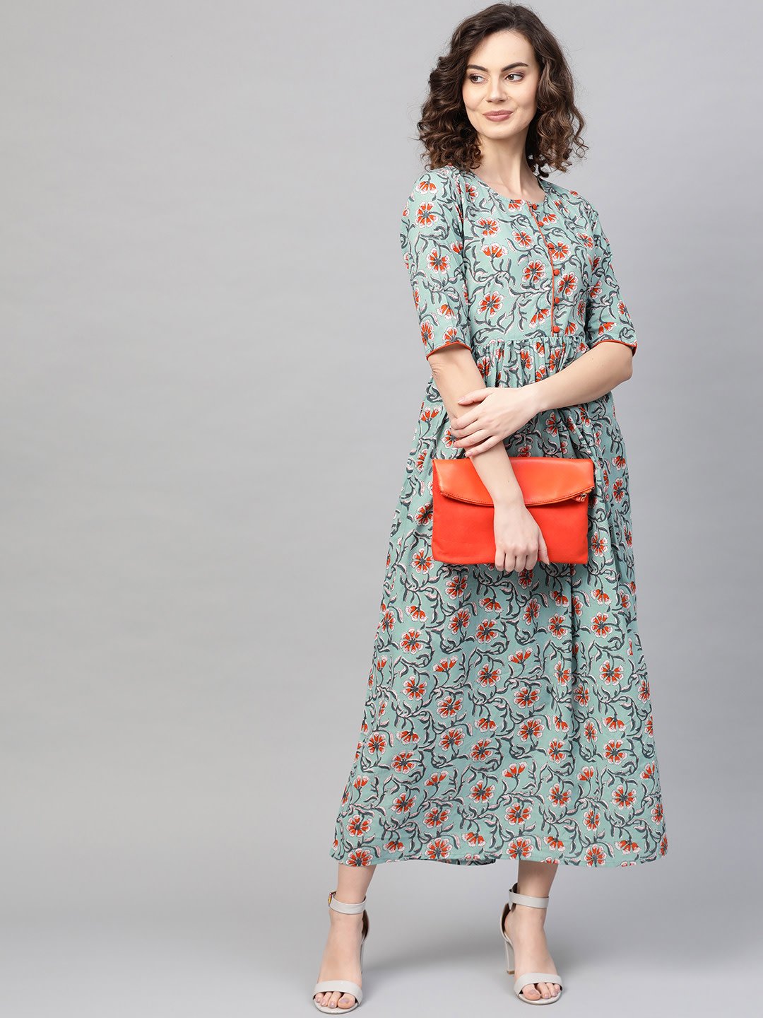 Women Green & Orange Floral Printed Maxi Dress | NOZ2TOZ - Made In INDIA.