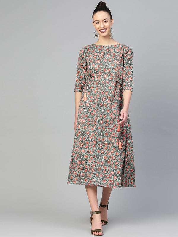 Women Green & Peach Floral Maxi Dress | NOZ2TOZ - Made In INDIA.