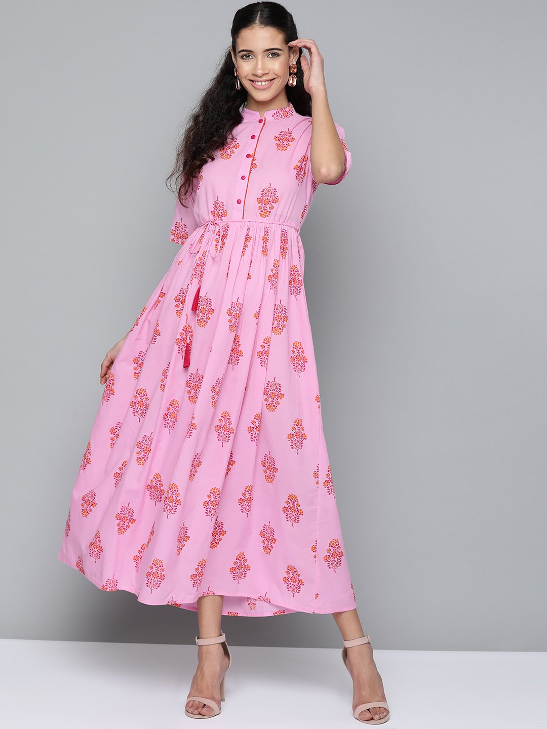 Women Pink & Orange Floral Maxi Dress | NOZ2TOZ - Made In INDIA.