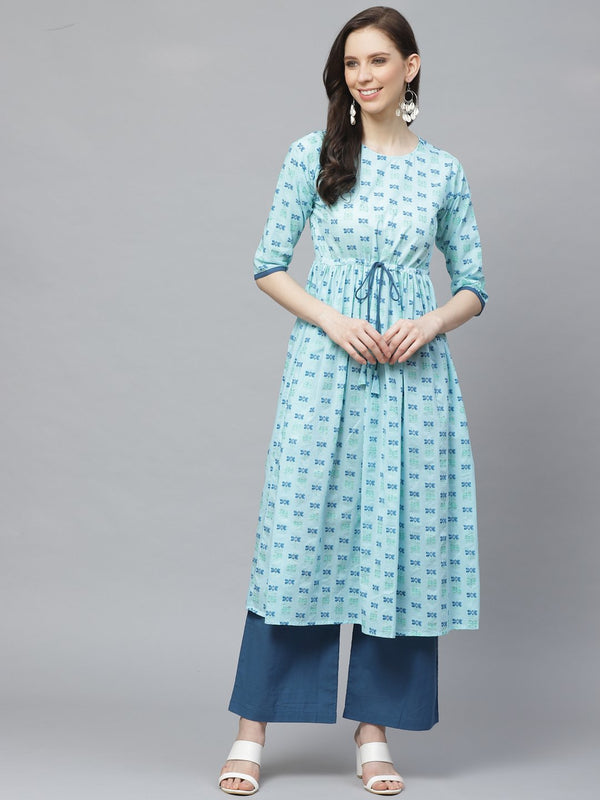 Women A-Line Waist Tie-up Blue Printed kurta & Palazzo Set | NOZ2TOZ - Made In INDIA.