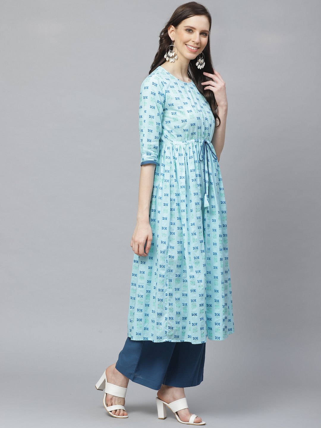 Women A-Line Waist Tie-up Blue Printed kurta & Palazzo Set | NOZ2TOZ - Made In INDIA.