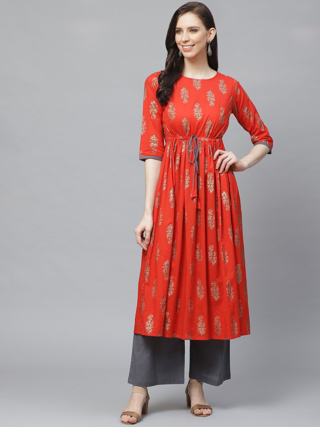 Women A-Line Waist Tie-up Red & Gold Printed kurta & Palazzo Set | NOZ2TOZ - Made In INDIA.