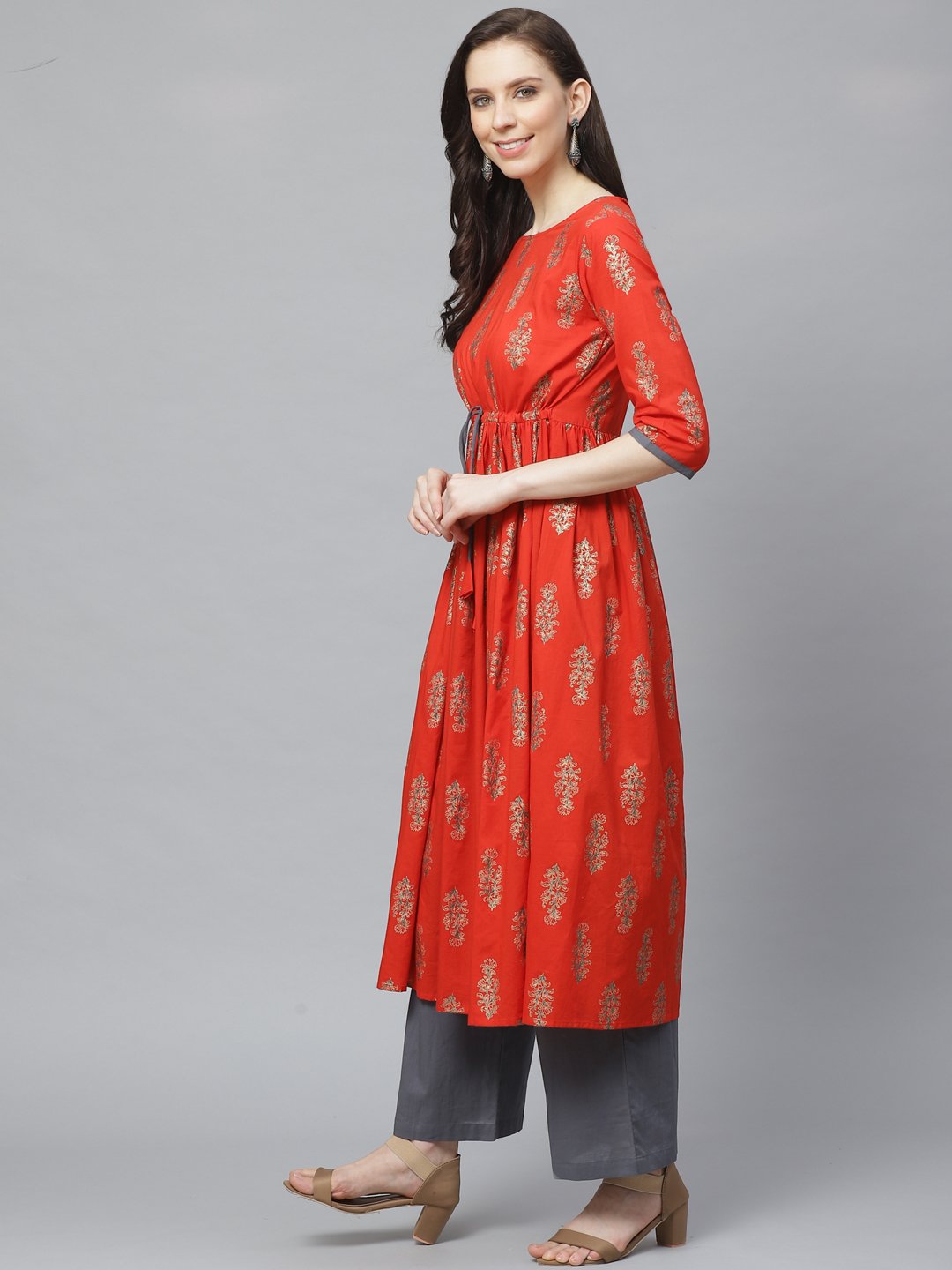 Women A-Line Waist Tie-up Red & Gold Printed kurta & Palazzo Set | NOZ2TOZ - Made In INDIA.