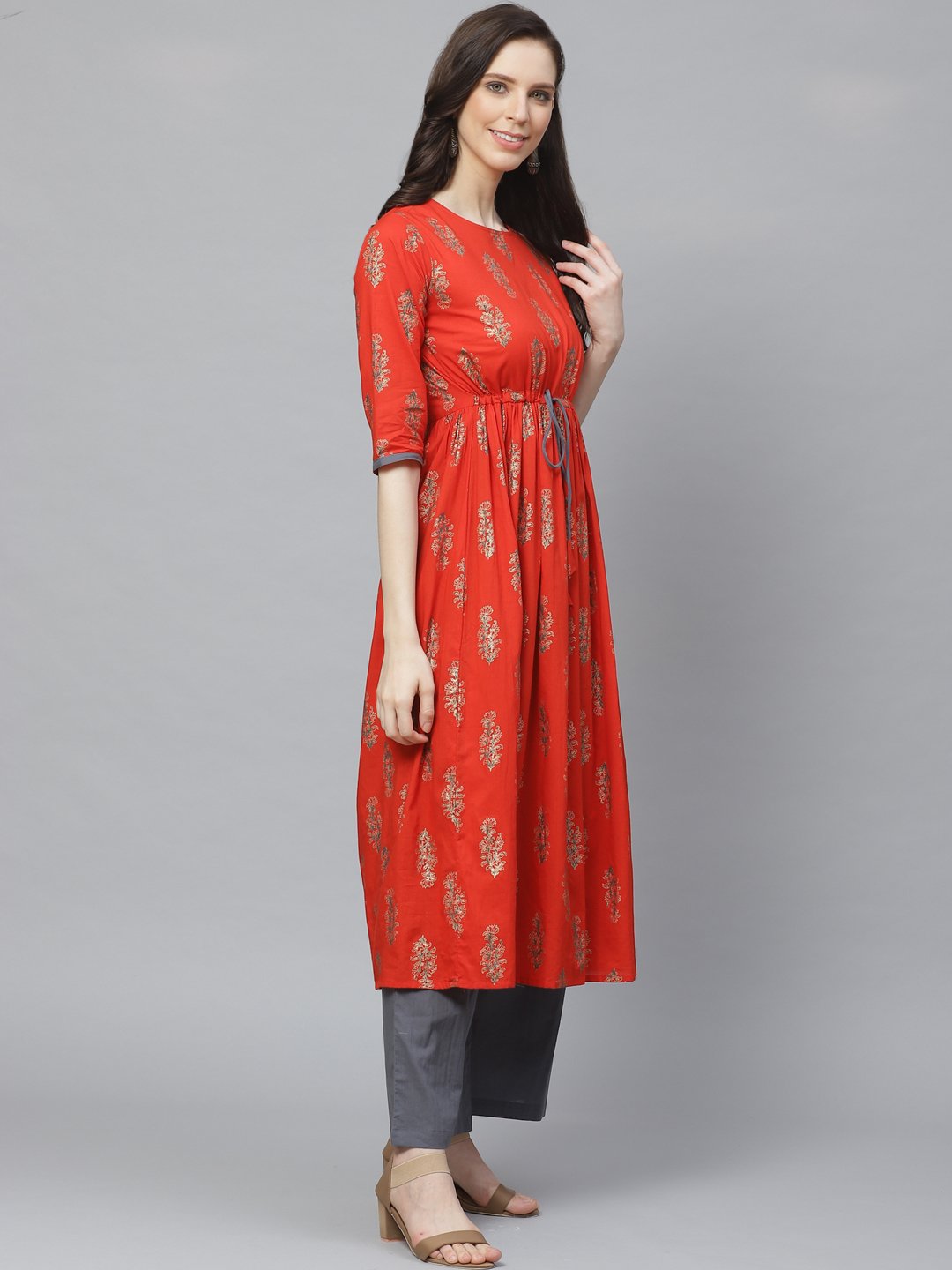 Women A-Line Waist Tie-up Red & Gold Printed kurta & Palazzo Set | NOZ2TOZ - Made In INDIA.