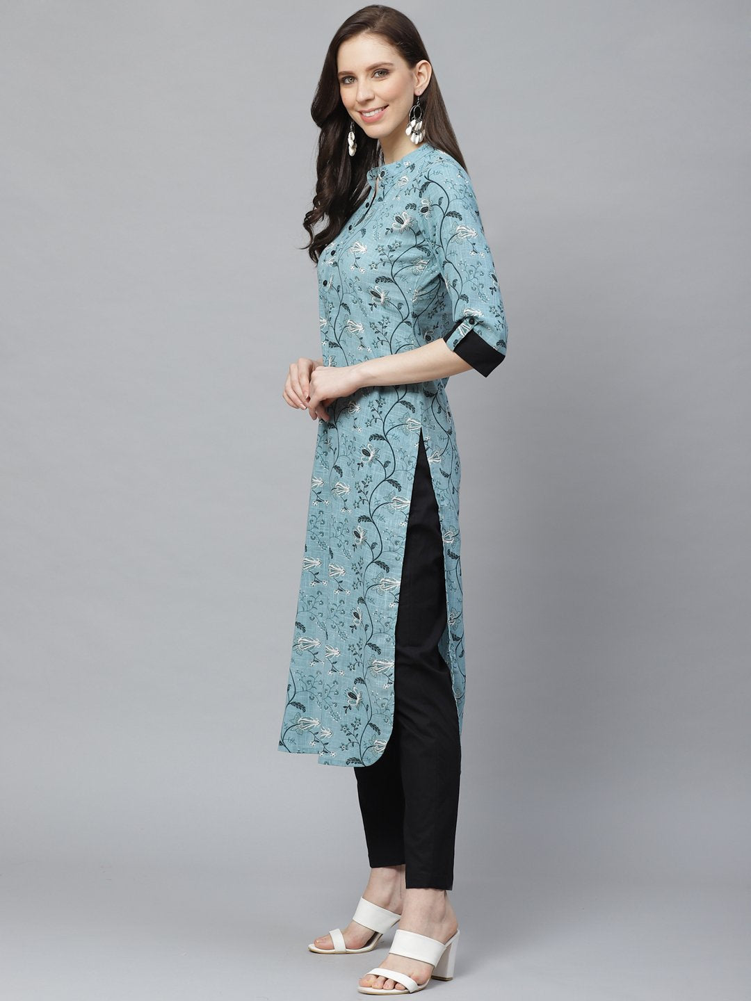 Women Straight Grey & Black Printed kurta & Palazzo Set | NOZ2TOZ - Made In INDIA.