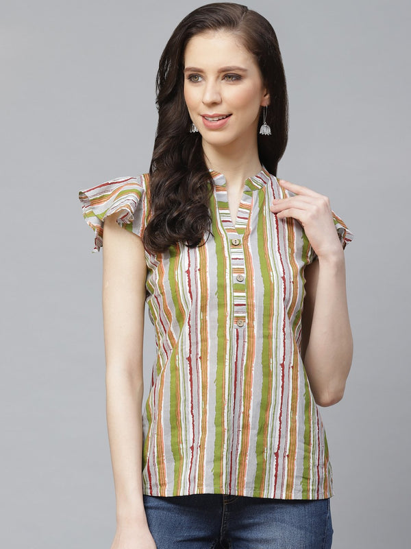 Women Grey & Multi Regular Vertical Stripes Mandarin Collar Top | NOZ2TOZ - Made In INDIA.