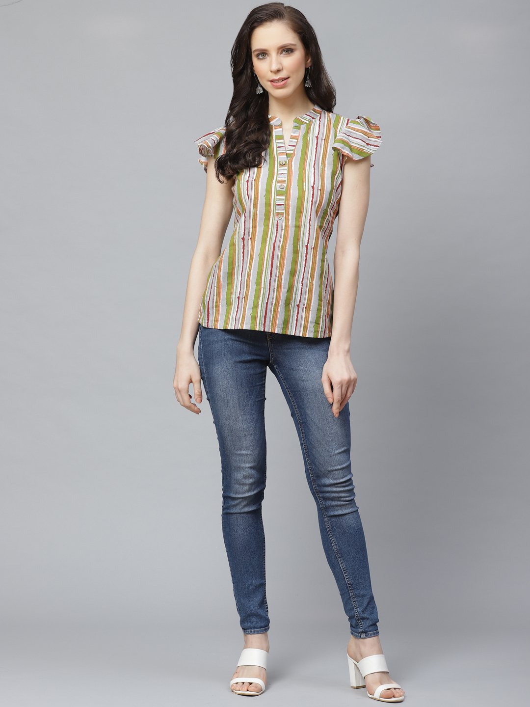 Women Grey & Multi Regular Vertical Stripes Mandarin Collar Top | NOZ2TOZ - Made In INDIA.