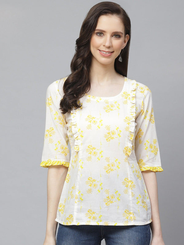 Women White & Yellow Regular Floral Printed Round Neck Top | NOZ2TOZ - Made In INDIA.