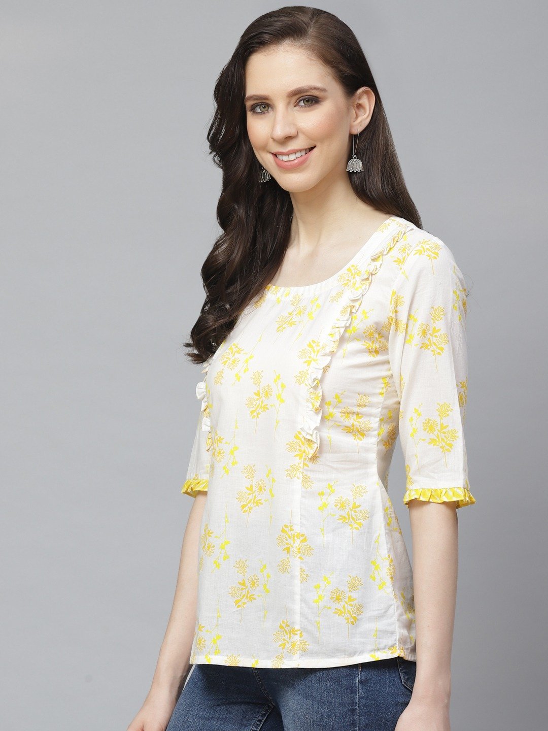 Women White & Yellow Regular Floral Printed Round Neck Top | NOZ2TOZ - Made In INDIA.