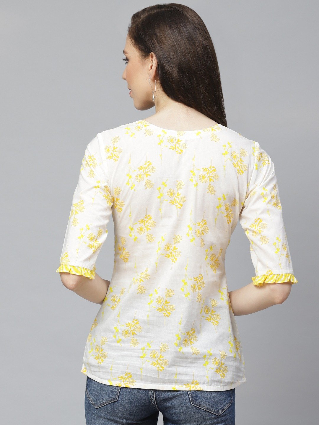 Women White & Yellow Regular Floral Printed Round Neck Top | NOZ2TOZ - Made In INDIA.