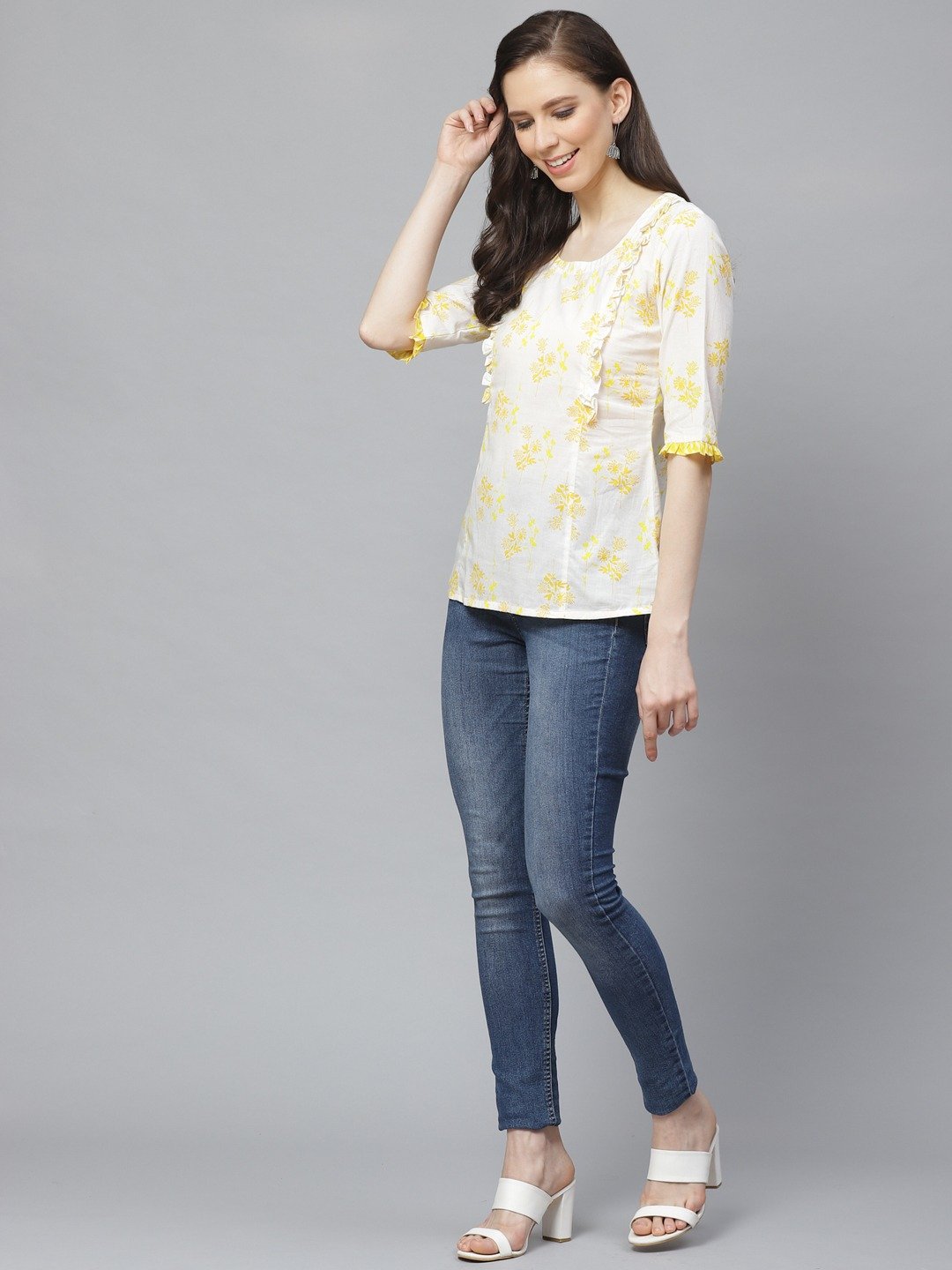 Women White & Yellow Regular Floral Printed Round Neck Top | NOZ2TOZ - Made In INDIA.