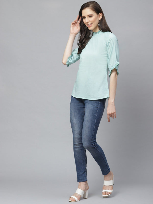 Women Blue A-Line Solid High Neck Top | NOZ2TOZ - Made In INDIA.