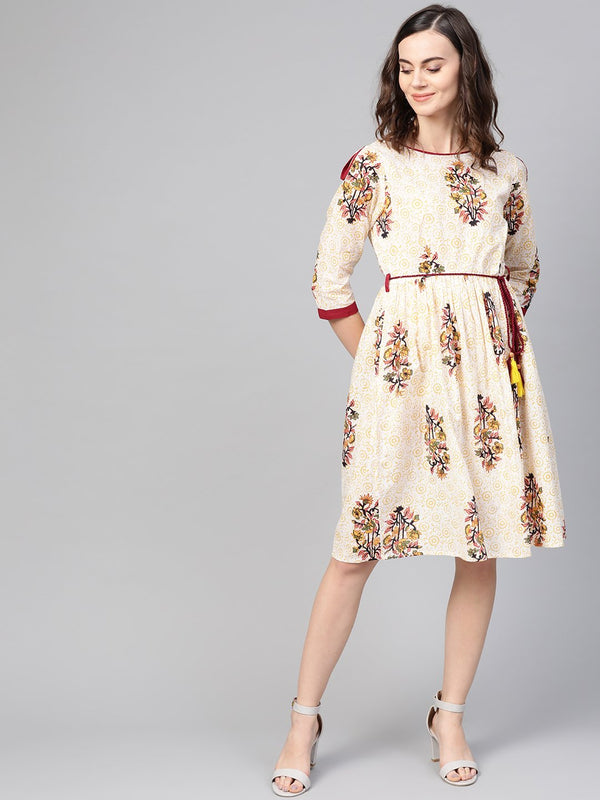 Women Off White & Yellow Floral Printed A-Line Dress | NOZ2TOZ - Made In INDIA.