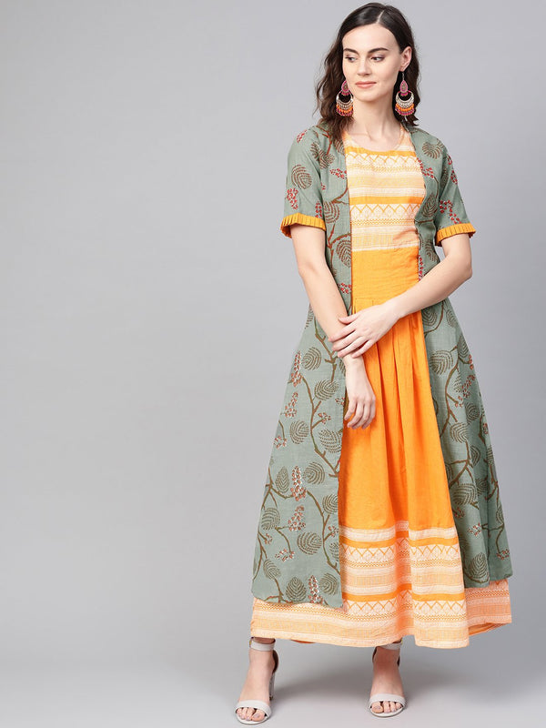 Women Yellow & Green Tribal Printed Two-Piece Dress | NOZ2TOZ - Made In INDIA.