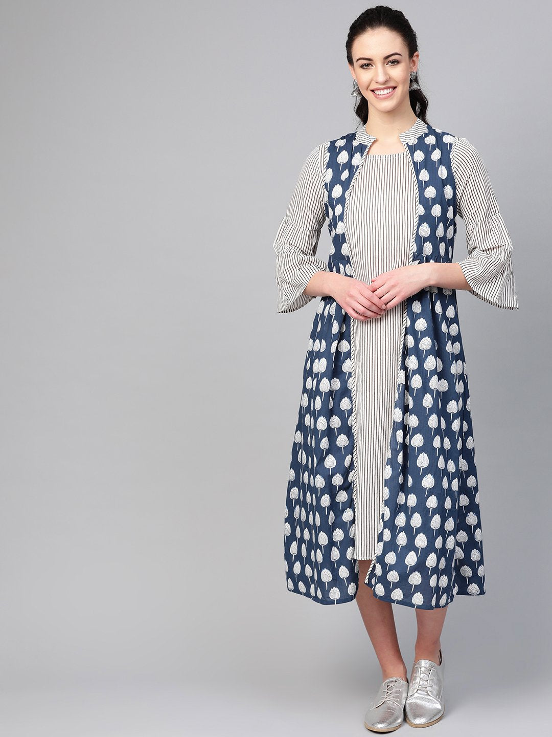 Women White & Blue Striped Printed Two-Piece Dress | NOZ2TOZ - Made In INDIA.