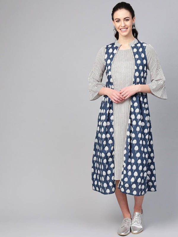 Women White & Blue Striped Printed Two-Piece Dress | NOZ2TOZ - Made In INDIA.