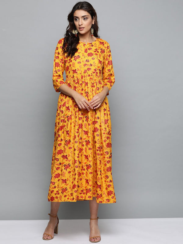 Women Mustard Yellow Floral Printed Round Neck A-Line Dress | NOZ2TOZ - Made In INDIA.