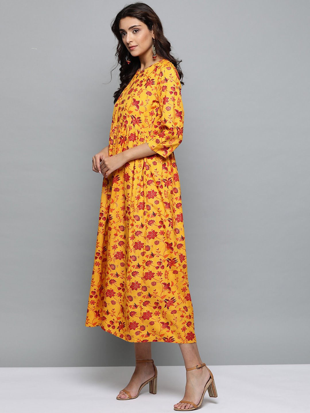 Women Mustard Yellow Floral Printed Round Neck A-Line Dress | NOZ2TOZ - Made In INDIA.