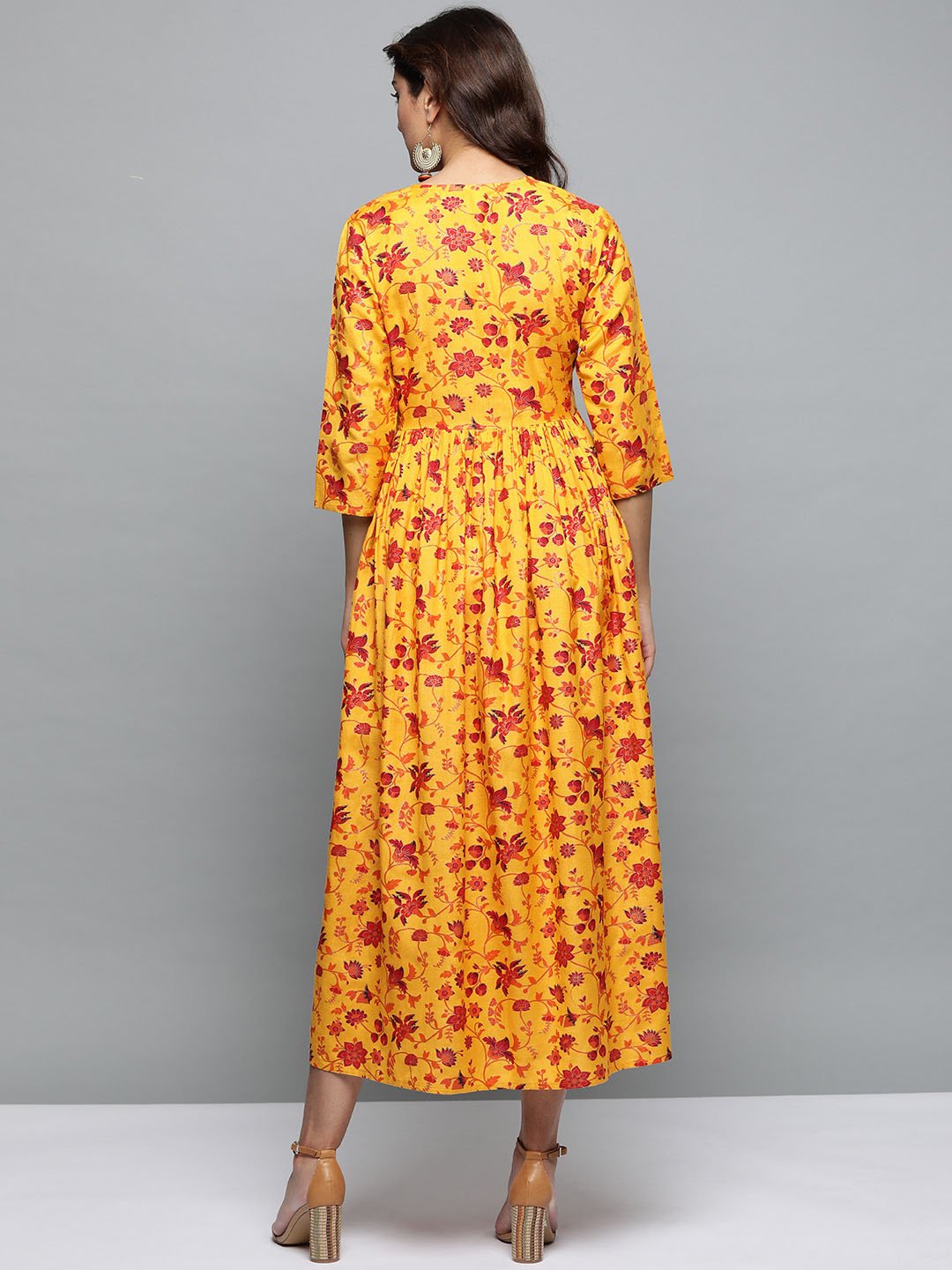 Women Mustard Yellow Floral Printed Round Neck A-Line Dress | NOZ2TOZ - Made In INDIA.