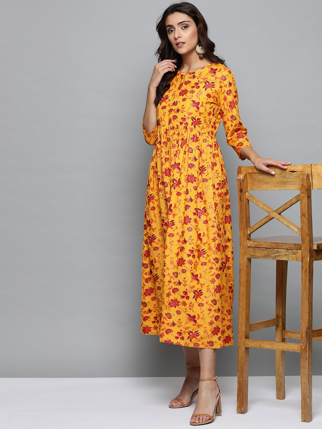 Women Mustard Yellow Floral Printed Round Neck A-Line Dress | NOZ2TOZ - Made In INDIA.