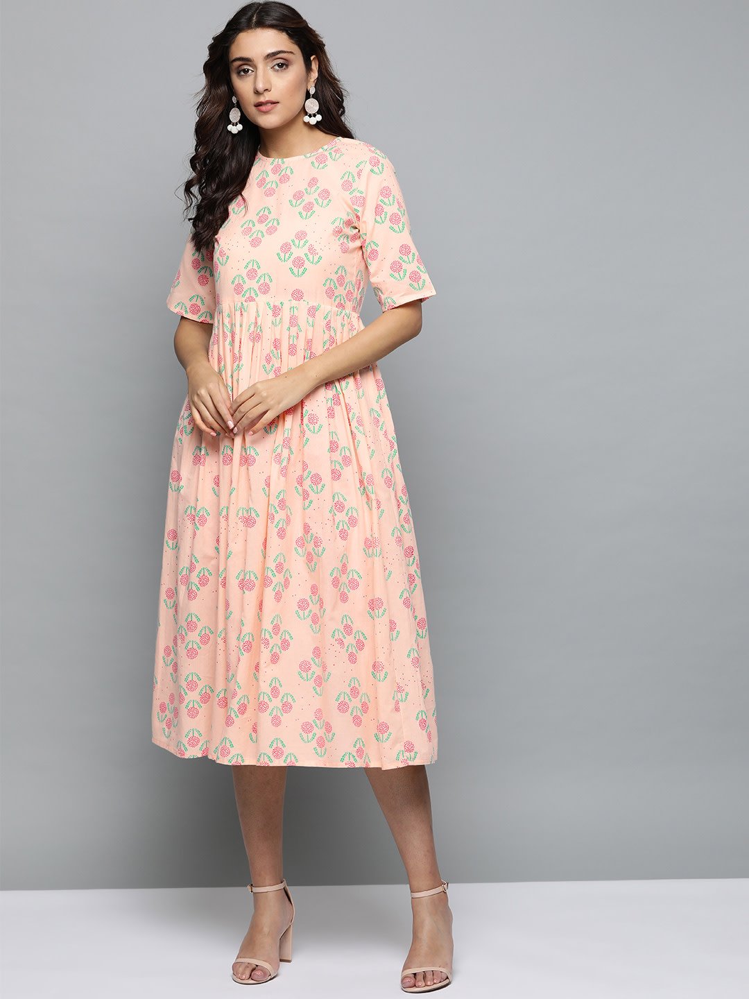 Women Peach Floral Printed Round Neck A-Line Dress | NOZ2TOZ - Made In INDIA.