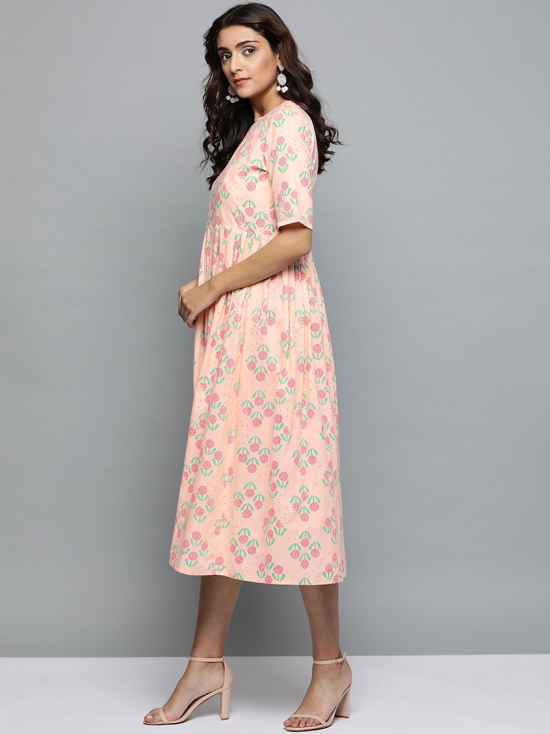 Women Peach Floral Printed Round Neck A-Line Dress | NOZ2TOZ - Made In INDIA.